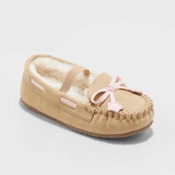 Kids Tan Moccasin with Pink Bow Slippers house shoes Size 5/6 - Picture 1 of 8